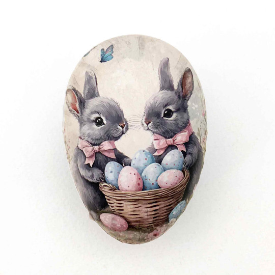 3-1/2" Grey Bunnies with Eggs Papier Mache Easter Egg Container ~ Germany